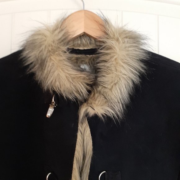 Sport Haley Blue Faux Fur Hook Front Vest Brown Faux Fur Trim Pockets Size M - Picture 5 of 11